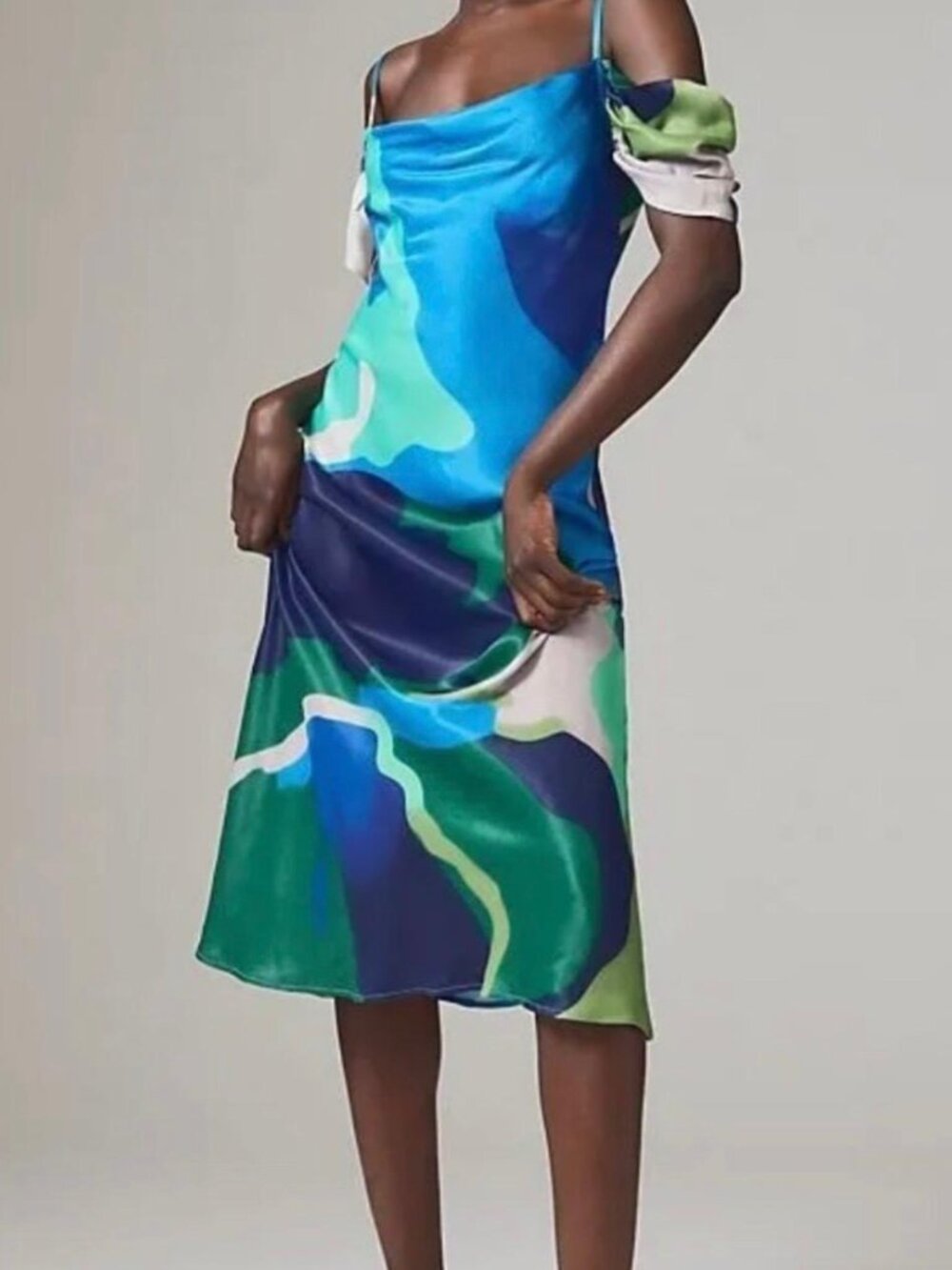 Anthropologie BI-nk Painterly Off-Shoulder Slip Dress in Blue Size XS